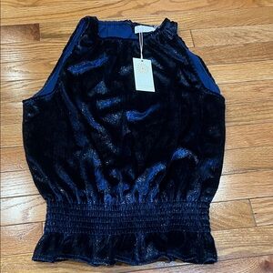 Ramy Brook Navy Velvet Sleeveless Bouse with Silver Shimmer, Size M NWT